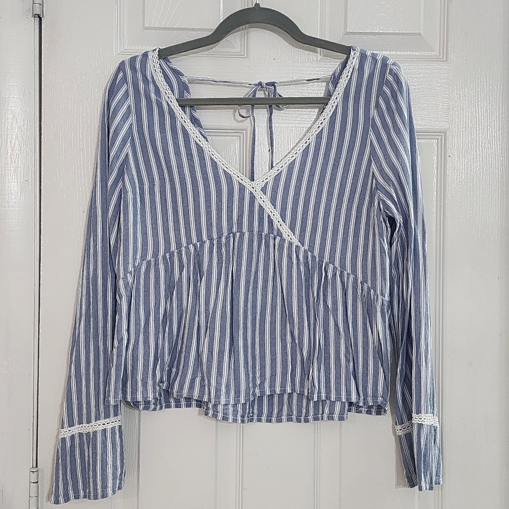 Hollister Blue White Striped Babydoll Top Crochet Trim Long Sleeve Medium